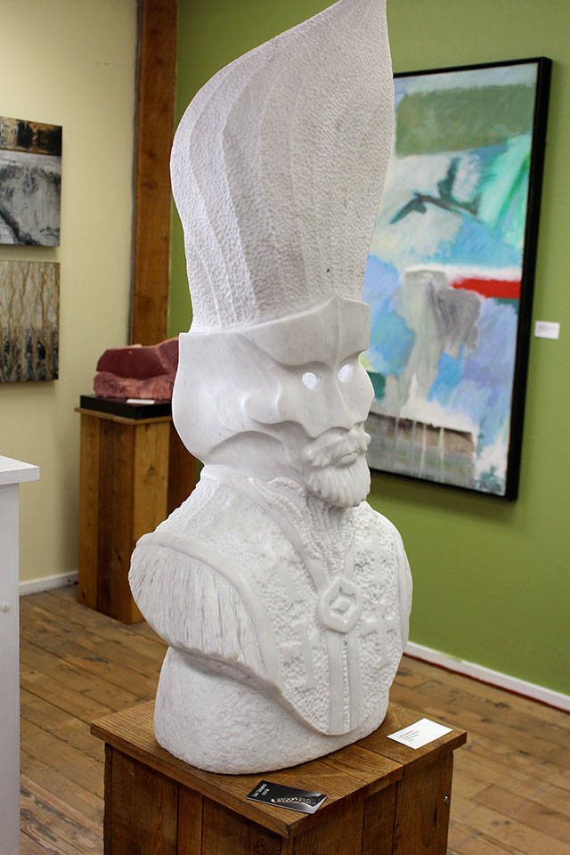 This piece by Lane Tompkins of Freeland Art Studios is part of hundreds of pieces of art filling The Loft&rsquo;s pop-up Sculpt Too gallery. Many events are planned through December, including on Saturday, Oct 28: From 2 to 5 p.m. mask-making workshop for kids; 5 to 9 p.m. art reception and an after hours Masquerade Gala.