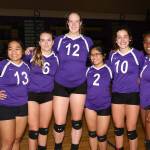 Oak Harbor honored its seniors Thursday night (from the left): Andrea Ruben, Samantha Hines, Hailee Blau, Sherilyne Fernandez, Kristina Tirado and Kia Ceya. Because you are wondering, Blau is 6-foot, 3-inches; Fernandez is 5-0.(Photo by John Fisken)