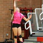 Hope Lodell fires a serve for the Wolves.(Photo by John Fisken)