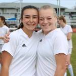 Coupeville senior captains Lauren Bayne, left, and Sage Renninger played their final game at Mickey Clark Field Monday. (Photo by John Fisken)