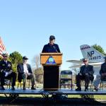 Retired Navy Reserves Capt. James VanderHoek speaks at a celebration in from of the A-3 Skywarrior memorial aircraft near Langley Gate Thursday afternoon. The group celebrated the 65th anniversary of the first flight of the skywarrior. Behind him from the left, Capt. Geoffrey Moore, Frank Cogdell, Al Archer and Bill Burklow. Photo by Laura Guido/Whidbey News-Times