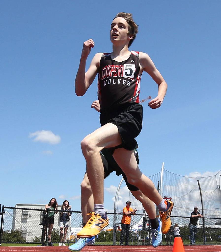 Coupeville&rsquo;s Danny Conlisk, shown here running in last spring&rsquo;s district track meet, qualified for the 2017 1A state cross country championships last weekend. (Photo by John Fisken)
