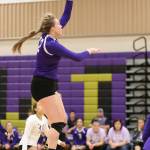 Hailee Blau attacks from the back row Saturday.(Photo by John Fisken)