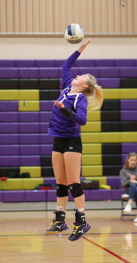 Cami Bristow hits for Oak Harbor in Saturday&rsquo;s match.(Photo by John Fisken)