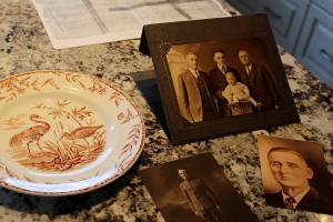 Among family treasures is a plate that traveled west by stage coach. A handwritten note taped to the back reads: Grandpa Angells Mother brought this plate across the plains in 1861.