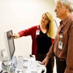 Kay Draper, clinic manager, and Dr. Robert Burnett use the new ultrasound machine at the WhidbeyHealth Womens Care clinic in Oak Harbor. The new clinic is in the same building as the hospitals sleep care, primary care and physical therapy facilities. Photo by Laura Guido/Whidbey News-Times
