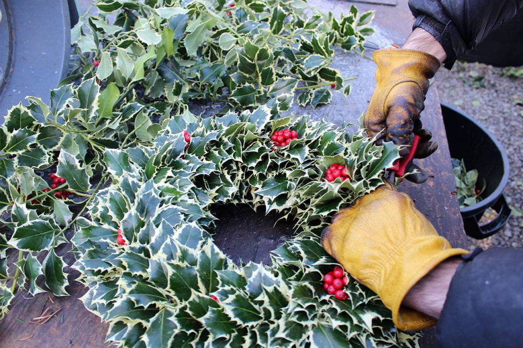 Isaiah Rawls finishes ups a wreath order at A Knot in Thyme located on North Whidbey.