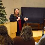 Island County Commissioner Jill Johnson speaks at a North Whidbey Affordable Housing Task Force open house Thursday night. The meeting was put together by the county and the City of Oak Harbor to present the task forces recommendations and receive public input. Photo by Laura Guido/Whidbey News-Times