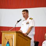 Capt. Geoffrey Moore, base commanding officer, speaks at the 75th Anniversary of the Naval Air Station Whidbey Island in September. Photo by Laura Guido/Whidbey News-Times