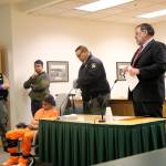 Photo by Jessie Stensland / Whidbey News-Times                                Louis Scarpino of Oak Harbor appears in Island County Superior Court in a restraint chair Wednesday because he was accused of being disorderly and intimidating a judge the day before.