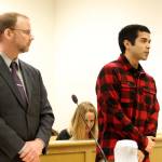 Photo by Jessie Stensland/Whidbey News-Times                                Oak Harbor resident Jon Johnson, at right, appears in Island County Superior Court Jan. 8 with attorney David Carman. Johnson is accused of videotaping himself assaulting a homeless man.