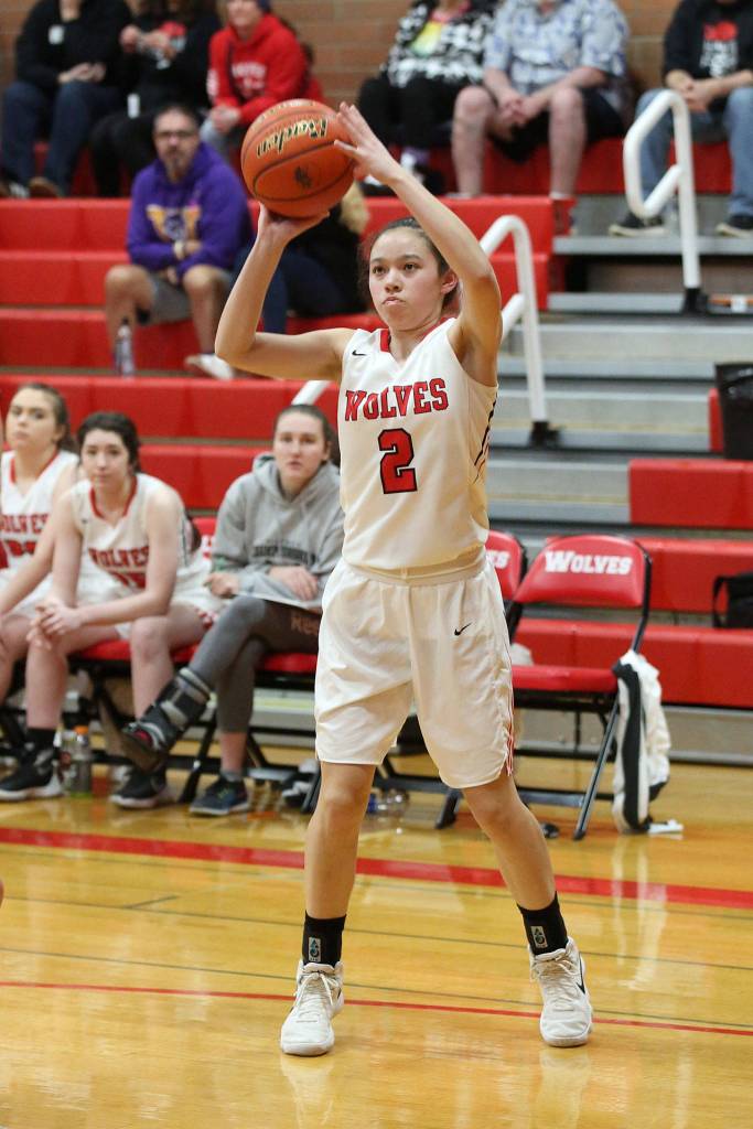 Scout Smith launches a shot for Coupeville in Saturdays district tournament game.(Photo by John Fisken)