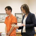 Sean Kelley appears in Island County Superior Court with his attorney Feb. 12. Hes accused of voyeurism at the Oak Harbor Walmart.