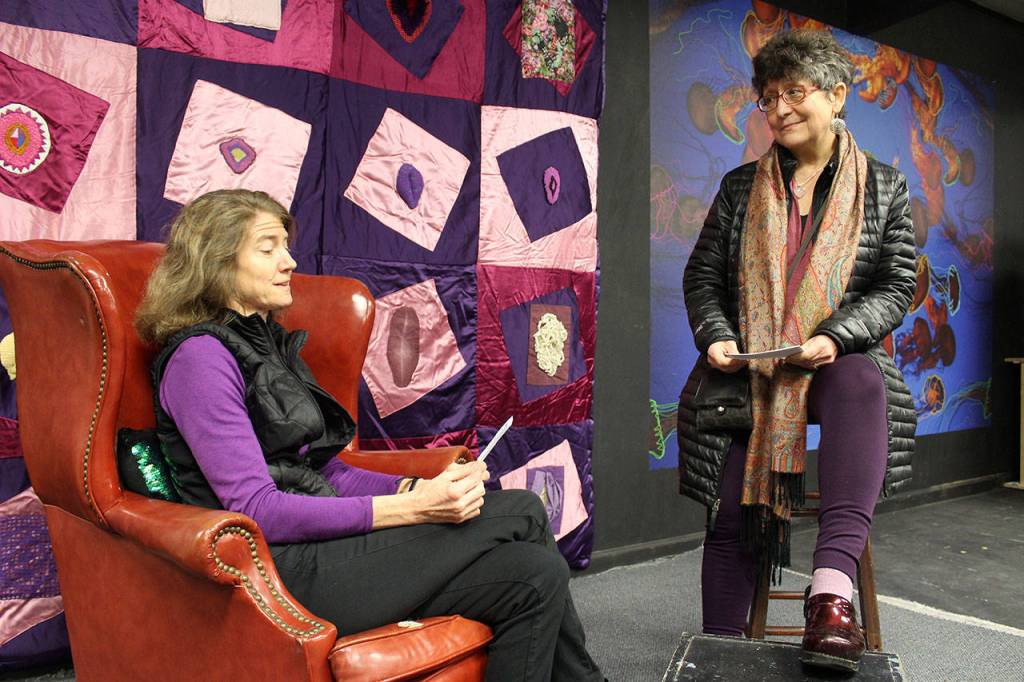 Elise Miller (left) and Susanne Tefts practice lines for The Vagina Monologues. Two performances Sunday in Langley benefit the Coalition Against Domestic Violence. Photo by Patricia Guthrie/Whidbey News-Times