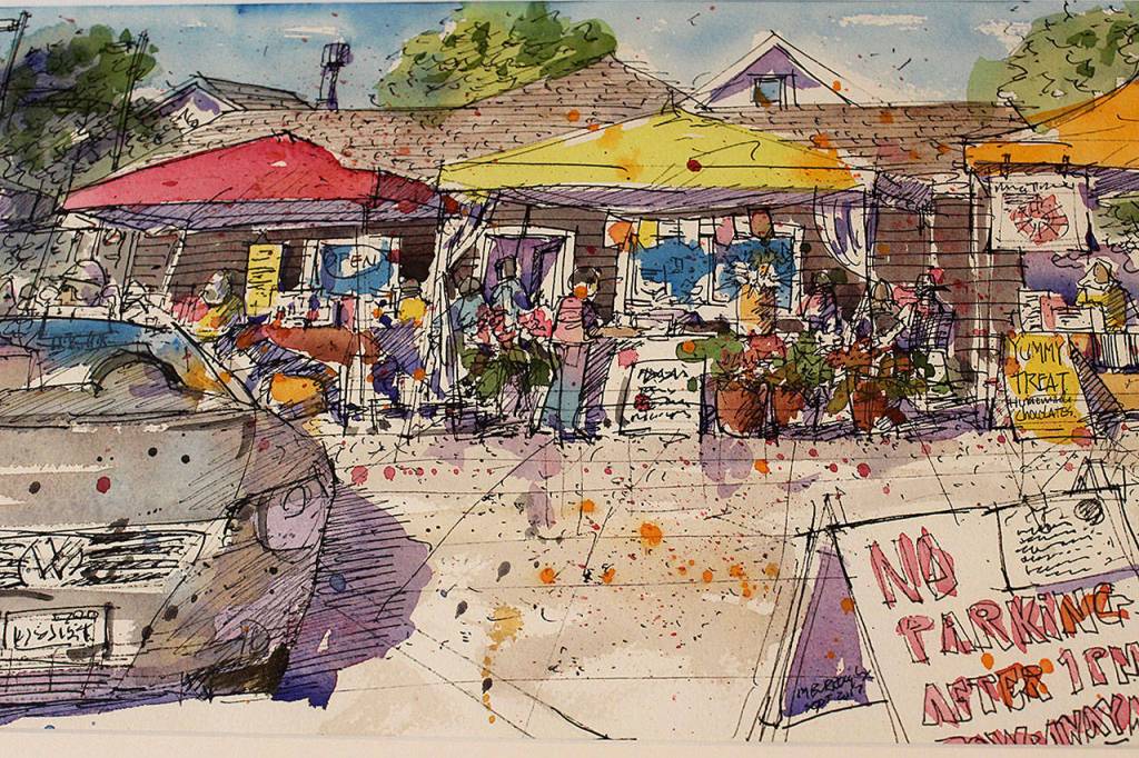 Mike Burroughs often sketches events around the island, such as the Langley Farmers Market. The exhibit, Brothers with Brushes is in the UUCWI Gallery of Art the next two months. Opening reception is 11 a.m.-12:30 p.m., March 4.