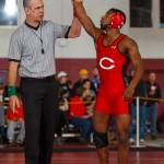 Oak Harbor graduate Jahleel Vester wins a match for Central College at the Under Armour Wrestling Invitational Jan. 6. (Photo by Dan L. Vander Beek)