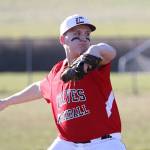 Dane Lucero fires a pitch against Lynden Christian. The junior picked up the win for the Wolves.(Photo by John Fisken)