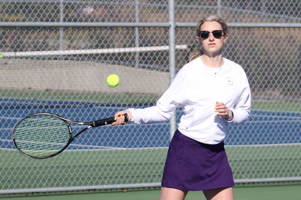 Maddie McKenzie handles a shot in first singles in the Edmonds-Woodway match.(Photo by John Fisken)