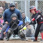 Lauren Rose raps one of her two base hits in Saturdays win at South Whidbey.(Photo by John Fisken)