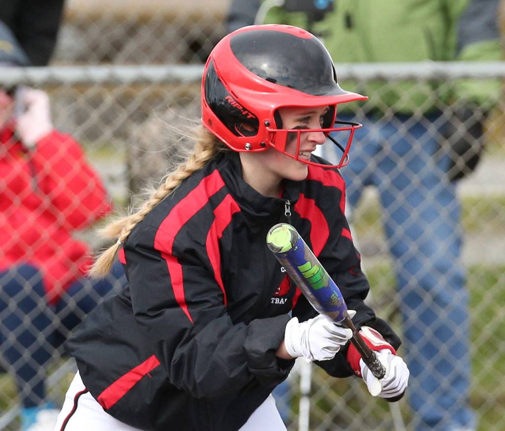 Emma Mathusek shows bunt for Coupeville Friday.(Photo by John Fisken)