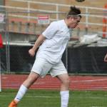 Hunter Downes uses his head during Mondays match.(Photo by John Fisken)