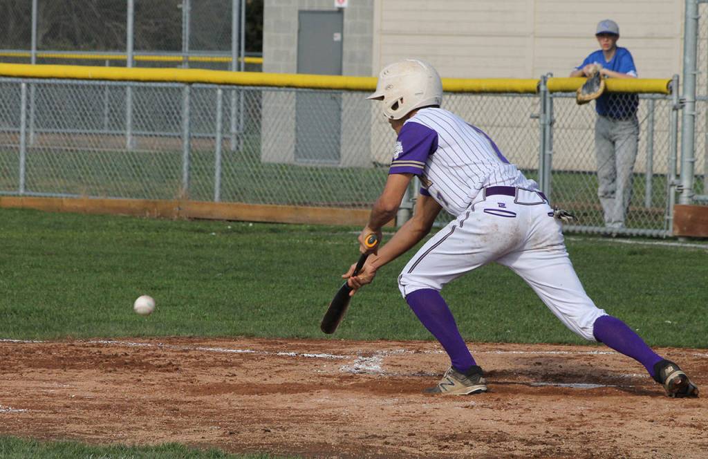 Caleb Fitzgerald puts down a bunt for the Wildcats.(Photo by Jim Waller/Whidbey News-Times)