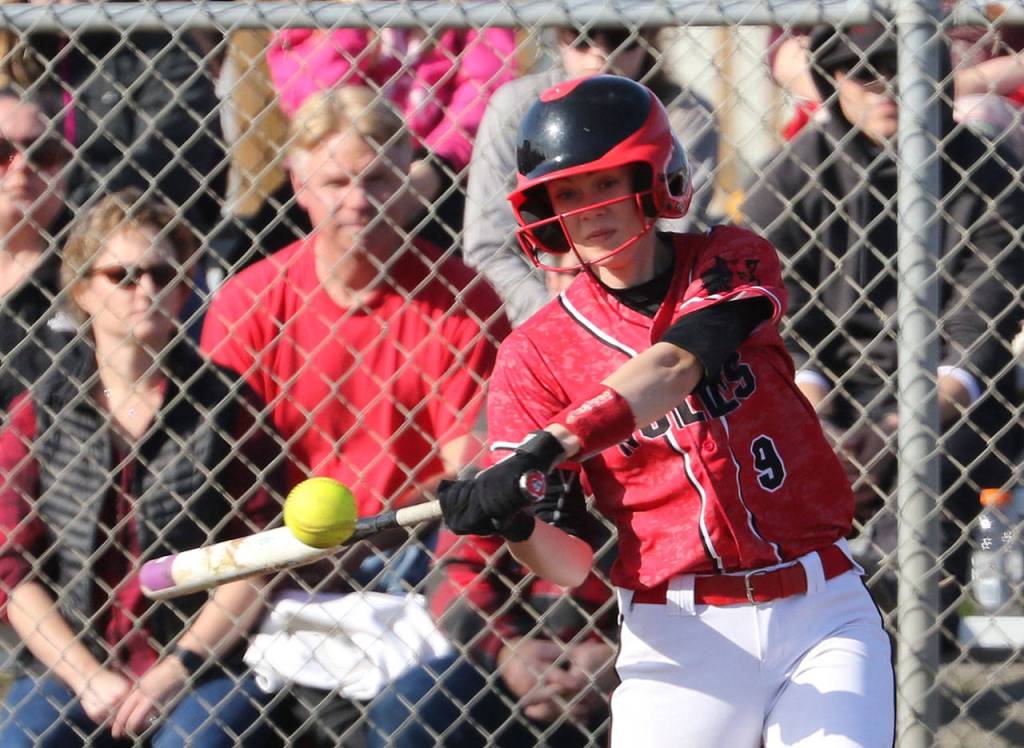 Chelsea Prescott smacks one of her two hits Friday.(Photo by John Fisken)