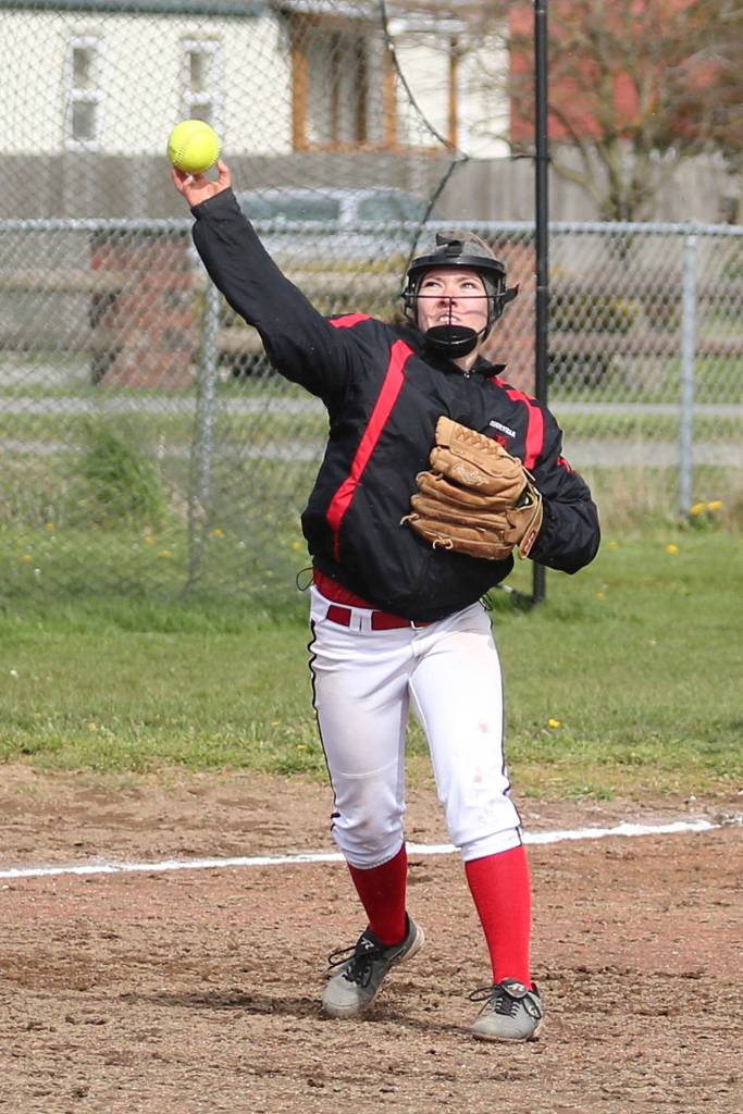 Coupeville third baseman Lauren Rose throws across the diamond for an out Saturday.(Photo by John Fisken)
