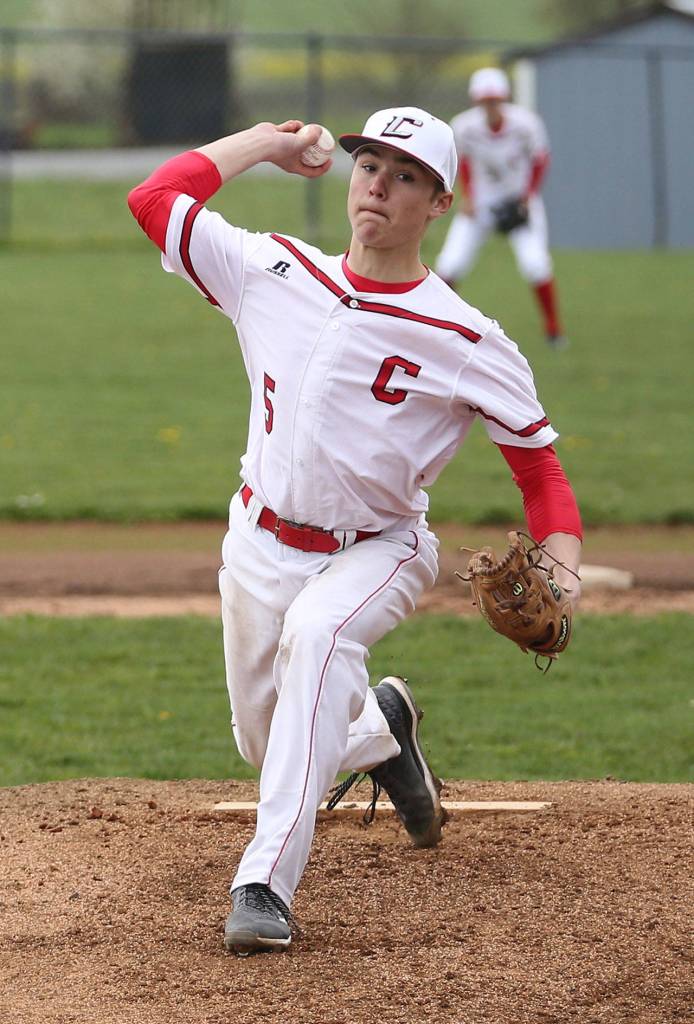 Starting Coupeville pitcher Matt Hilborn goes after a Cedarcrest hitter. Hilborn was one of the offensive stars with two hits, three runs and five stolen bases. (Photo by John Fisken)