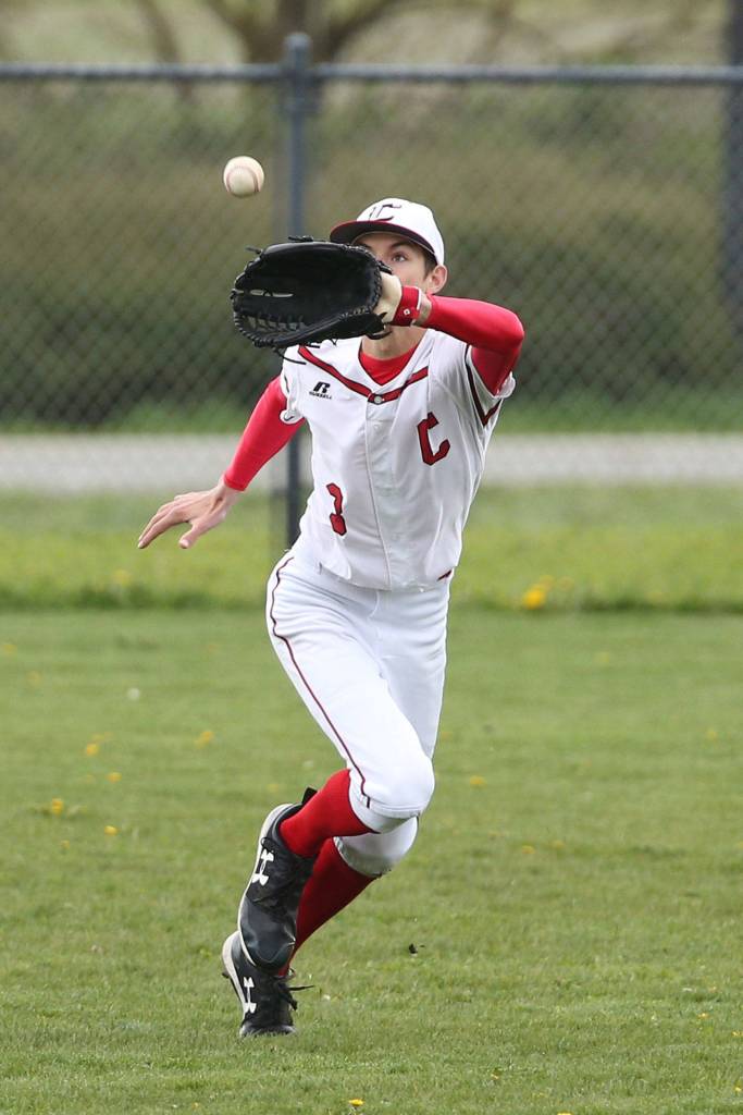 Center fielder Joey Lippo races in to snag a Cedarcrest fly ball Saturday.(Photo by John Fisken)