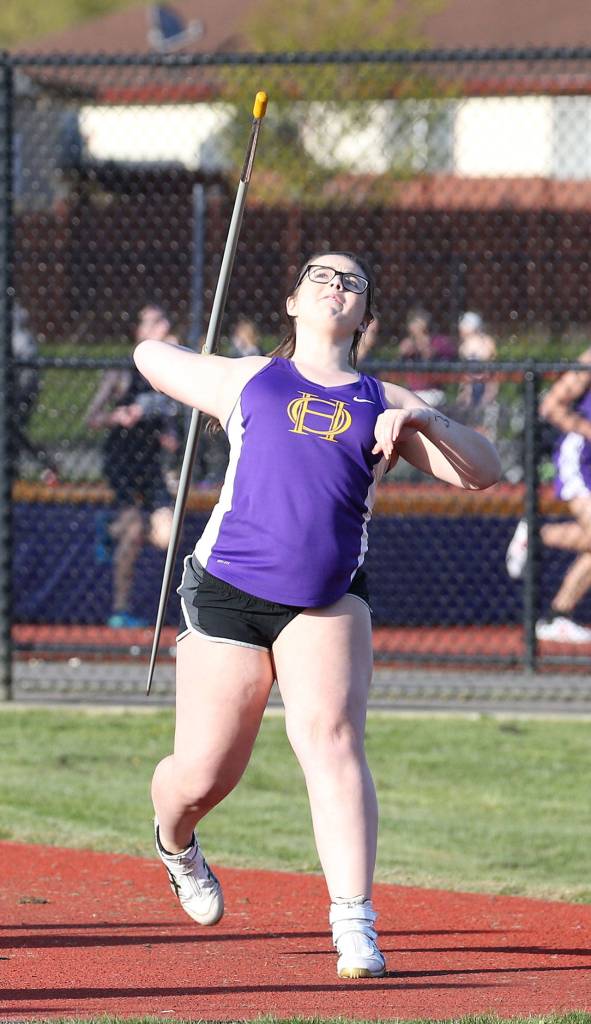 Lydia Dorsey throws the javelin 124 feet to win the event.(Photo by John Fisken)