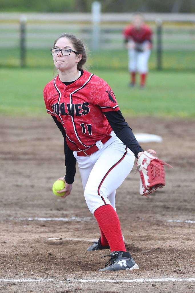 Katrina McGranahan pitches Coupeville to its win over Klahowya.(Photo by John Fisken)