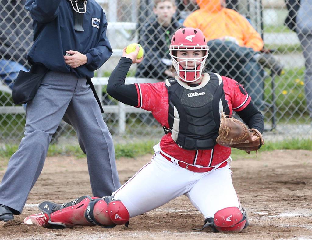 Coupeville catcher Sarah Wright fires the ball back to the pitcher Friday.(Photo by John Fisken)