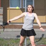 Tia Wurzrainer slaps a forehand in the South Whidbey match.(Photo by John Fisken)
