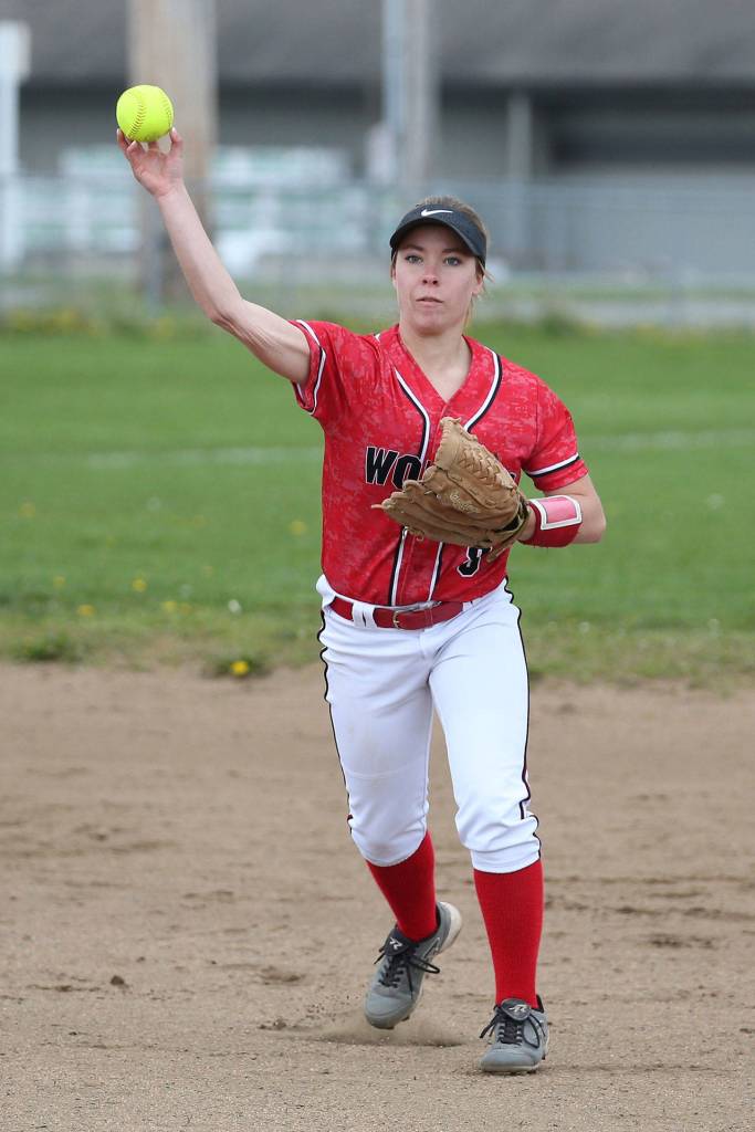 Coupeville shortstop Lauren Rose throws to first for an out.(Photo by John Fisken)