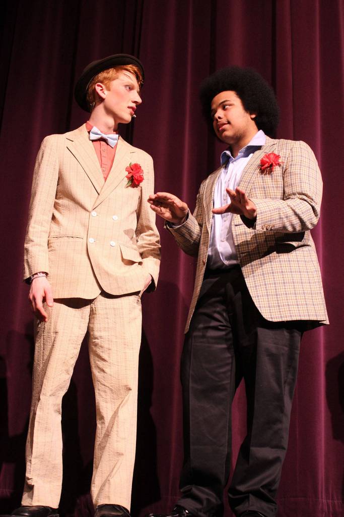 Elijah Marth as character Nathan Detroit talks about low-level affairs with Gavin Bowman, who plays Harry the Horse.