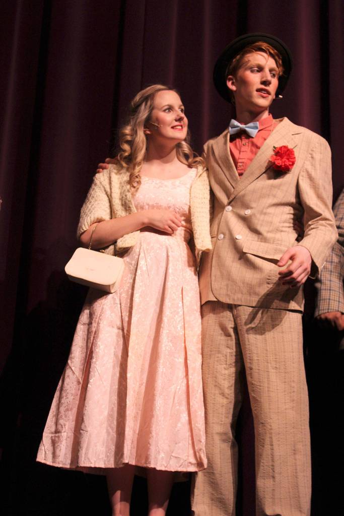 Engaged for 14 years, the character Adelaide, played by Ella Langrock, works on finally gettiing hitched to Nathan Detroit, played by Elijah Marth. Both have appeared on stage at Whidbey Playhouse.