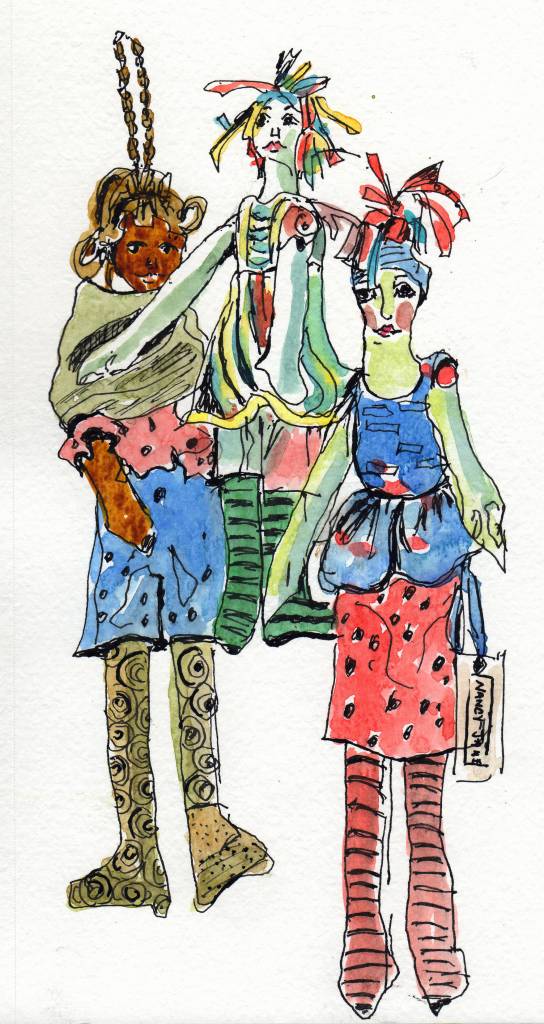 Handmade dolls by Valerie Johnson in Side Market, sketch by Sue Van Etten