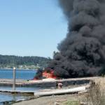 Saturday afternoon, a boat at Cornet Bay Marina was fully engulfed in flames by the time first responders arrived. The craft and two docks were destroyed in the fire. Photo provided