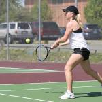 Sage Renninger, above, teamed with Payton Aparicio to win the league doubles title May 7. This week the pair is playing for the district crown and a state berth.(Photo by John Fisken)