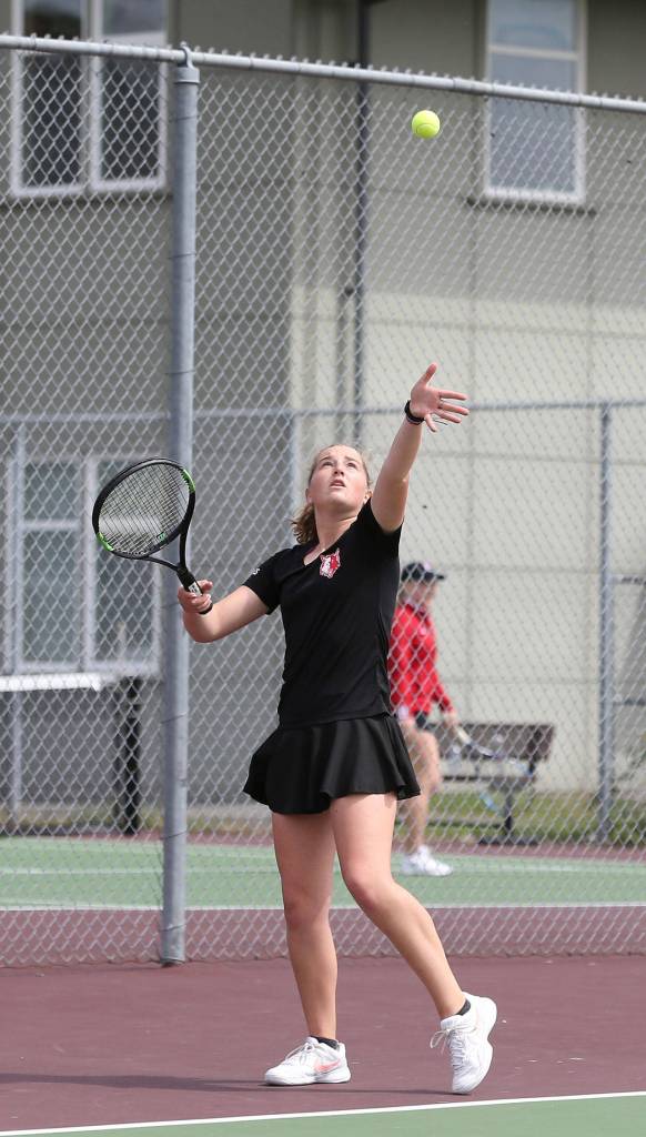 Tia Wurzrainer serves during the league tournament last week.(Photo by John Fisken)