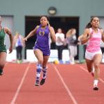 Oak Harbors Amaya Rittierodt, center, races to second place in the girls 100 meters Friday. Marysville-Pilchucks Trina Davis, right, won the event; Shorecrests Amanda Kagarabi, left, finished fourth. (Photo by John Fisken)