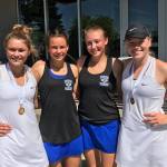 Coupevilles Payton Aparicio, left, and Sage Renniger, right, pose with South Whidbeys Alison Papritz, second from left, and Mary Zisette at the state 1A tennis tournament. The Coupeville pair placed fourth in the tournament while the Falcons finished second. (Photo courtesy of Ken Stange)