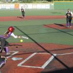 North Whidbey pitcher Lexi Phillips throws a strike by an Anacortes batter attempting to bunt. (Photo by Jim Waller/Whidbey News-Times)