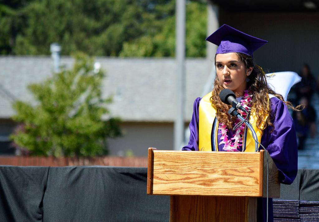 Ainsley Pollitt, one of Oak Harbor High Schools valedictorians, speaks during commencement Saturday. Photo by Laura Guido/Whidbey News-Times