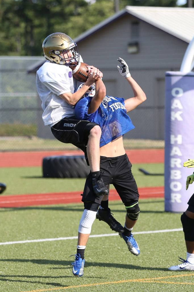 Kevin Schuldt leaps to make a catch for Oak Harbor.(Photo by John Fisken)