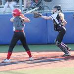 Central Whidbeys Hayden Daniels (batter) and North Whidbeys Ella Bishop.(Submitted photo)