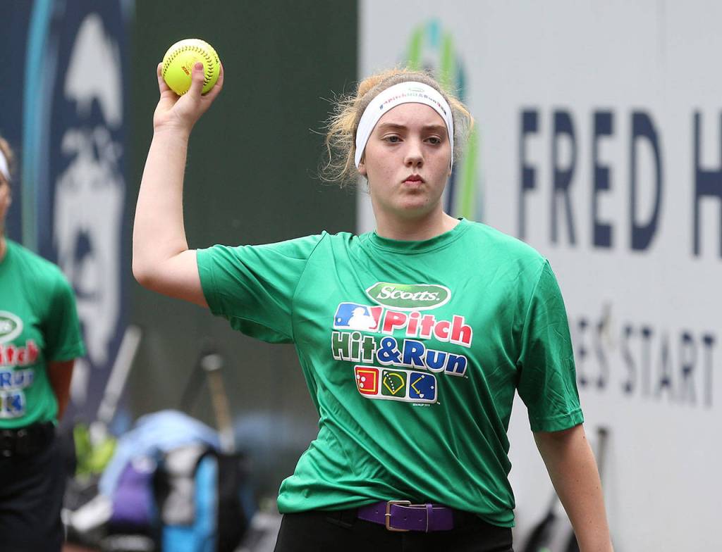 Katie Bishop focues on the target during the pitching segment of the contest.(Photo by John Fisken)