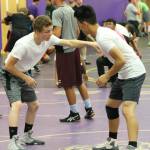 Oak Harbors Shamus Warden, left, and Jakob Dailey square off in a drill.(Photo by Jim Waller/Whidbey News-Times)