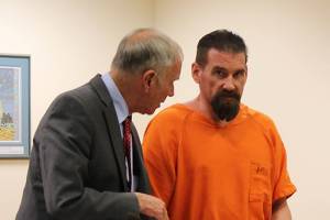 Photo by Emily Gilbert / Whidbey News Group.                                Jeromy Ladwig speaks with attorney Charles Hamilton at a sentencing hearing Friday.